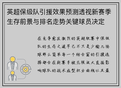英超保级队引援效果预测透视新赛季生存前景与排名走势关键球员决定